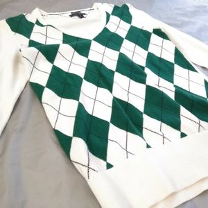 Tommy Hilfiger White Green Argyle 100% Cotton SZ S